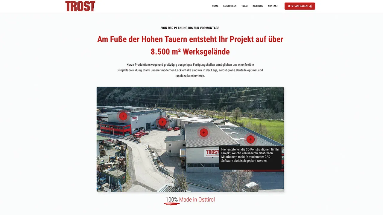 Screenshot vom Webdesign der Firma TROST GmbH in Matrei durch die Firma GSALLER Media aus Osttirol.